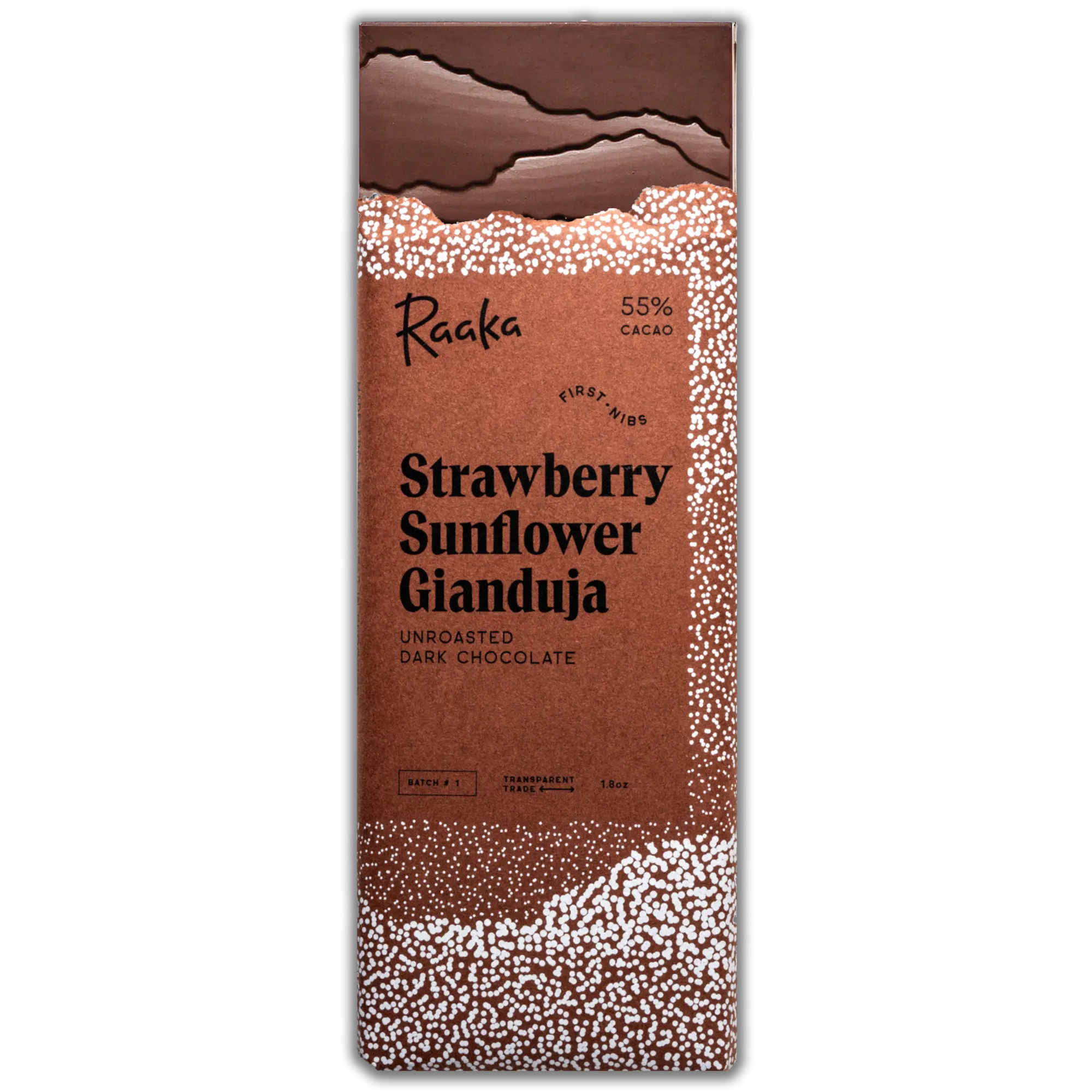 Strawberry Sunflower Gianduja dark chocolate bar by Raaka in original product packaging