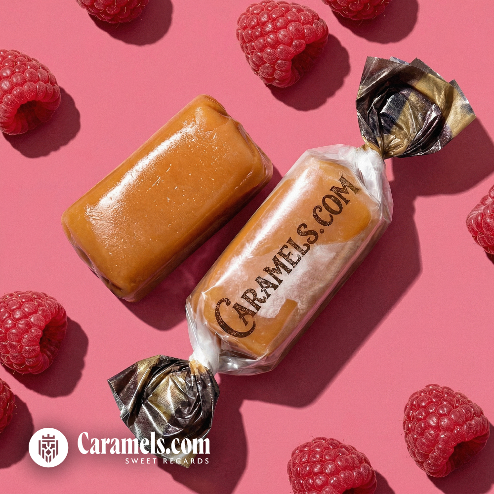 Raspberry Sorbet Caramels by Caramels.com in original product packaging