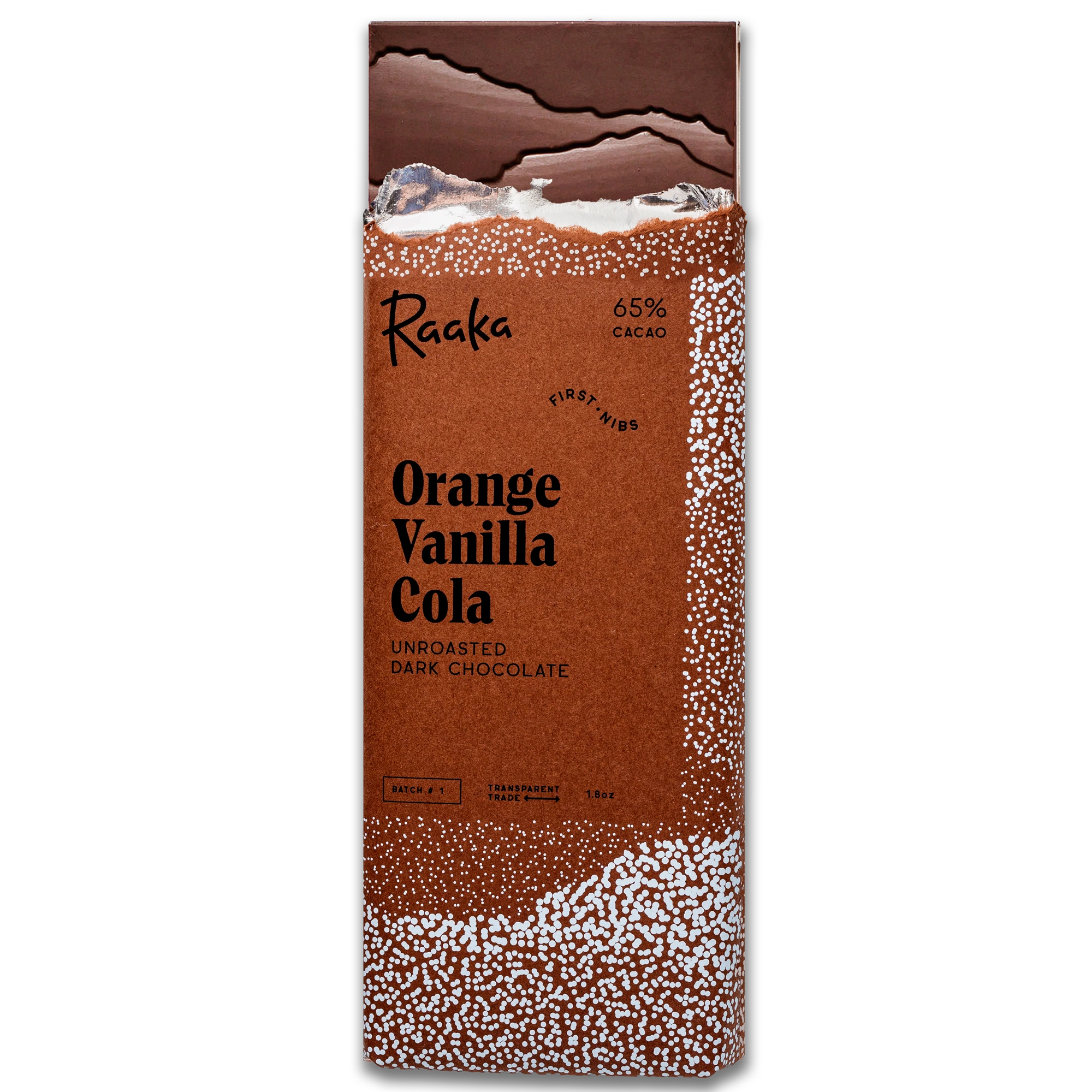 Orange Vanilla Cola dark chocolate bar by Raaka in original product packaging