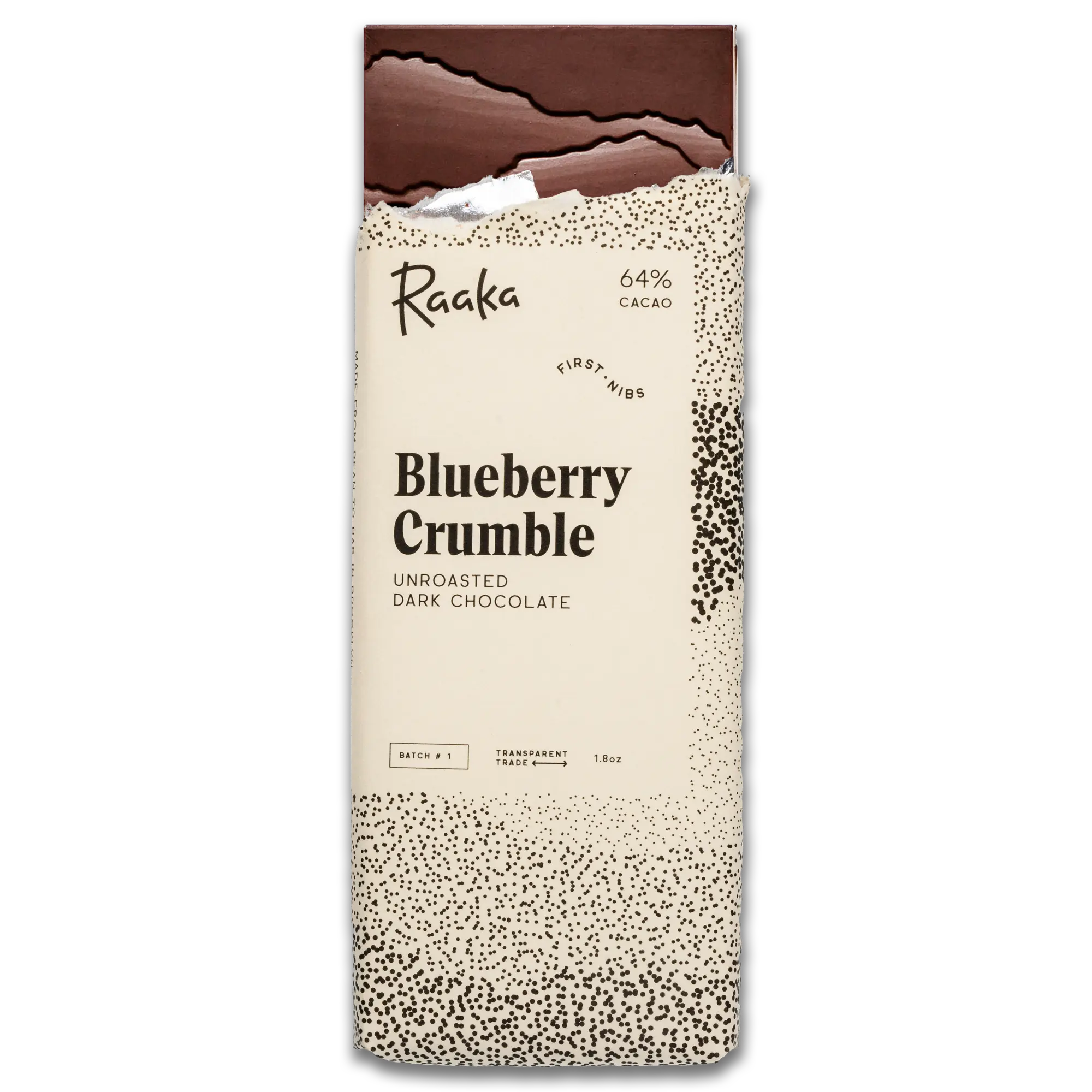 Blueberry Crumble dark chocolate bar by Raaka in original product packaging