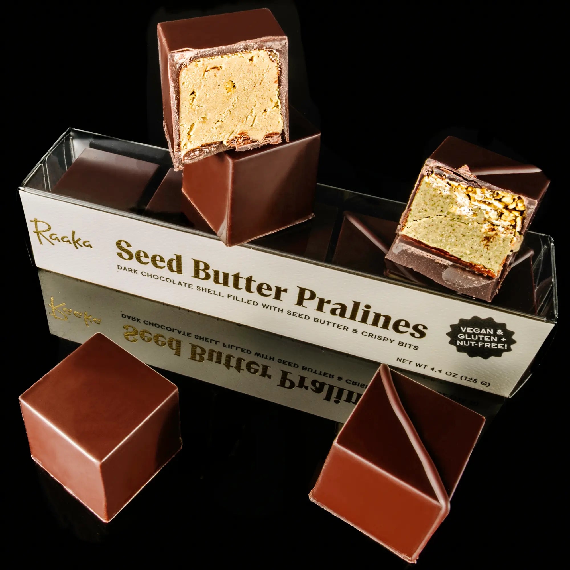 Seed Butter Praline Cubes by Raaka in original product packaging